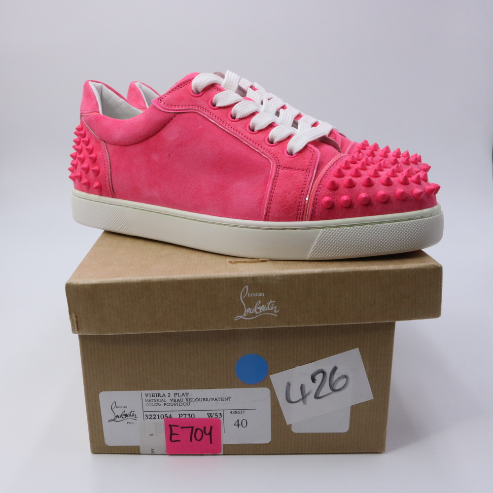 Christian Louboutin 40 Vieira 2 Flat Pink Poupidou Suede Spike Sneakers E704